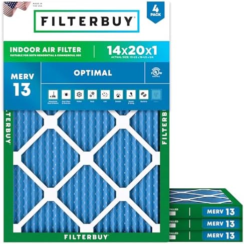 Filterbuy 14x20x1 Air Filter MERV 13 Optimal Defense (4-Pack), Pleated HVAC AC Furnace Air Filters Replacement (Actual Size: 13.50 x 19.50 x 0.75 Inches)