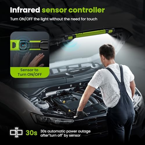 Work Light【AUTO ON/Off】 3000LM LED Work Light 5200mAh Under Hood Working Light with Hooks, Portable Magnetic Rechargeable Cordless Job Site Lighting for Mechanic/Car Repairing/Garage-Green