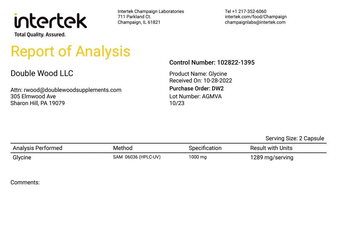 Glycine Supplement - 1,000mg Glycine Powder per Serving (300 Capsules) The Relaxing Amino Acid (Glicina) (Third Party Tested, Gluten Free, Non-GMO) by Double Wood