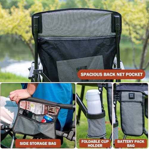 Heated Folding Camping Chair Portable for Outdoor Sports, Fully Padded Heated Lawn Chair Support 400lbs, Collapsible Heated Camp Chair with 3 Heat Levels for Outside, Gray(2 Battery Pack Required)