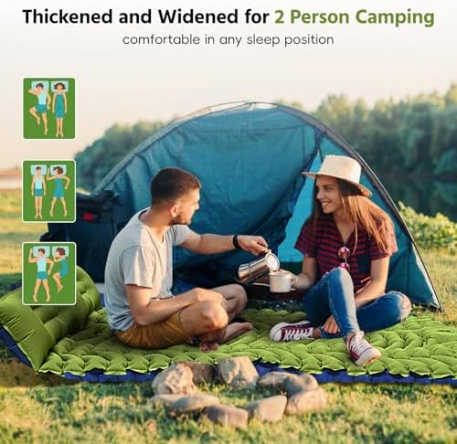 Double Sleeping Pad for Camping, Self Inflating 4" Extra Thick Camping Sleeping Pad for 2 Person with Pillow, Built-in Foot Pump, Portable Sleeping Mat for Backpacking, Hiking, Travel Tent