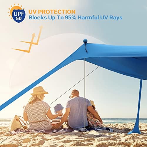 Beach Canopy Beach Tent UPF50+ 11x11 FT Easy to Setup Extra Windproof Rope Sun Shelter Beach Shade Canopy with 4 Stability Poles Outdoor Shade for Beach Camping Family