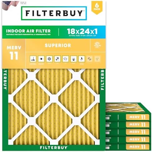 Filterbuy 18x24x1 Air Filter MERV 11 Allergen Defense (6-Pack), Pleated HVAC AC Furnace Air Filters Replacement (Actual Size: 17.38 x 23.38 x 0.75 Inches)