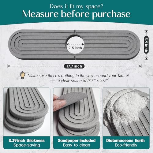 Kitchen Faucet Mat - Diatomite Splash Guard for Sink, Quick-Drying Water Absorbing Stone Tray [Light Grey, 17.7" x 3.9"]