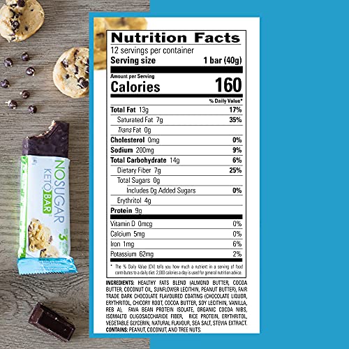 No Sugar Keto Bar Snack - Low Carb No Sugar Keto Snack Food with Keto Friendly Macros (12 x 1.41oz Bars, Chocolate Chip Cookie Dough)