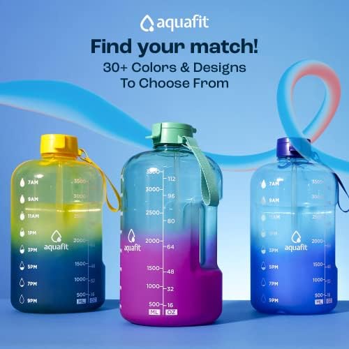 AQUAFIT 64 oz Water Bottle with Time Marker - Straw & Chug Lid - BPA Free Half Gallon Water Bottle, Big Water Bottle with Straw, Gym Water Bottle with Handle, Gallon Water Jug (Blue, 64 Ounces)