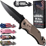 Legal Pocket Knife Coyote Tan - 2.95” Sharp Serrated Edge Blade - Multi Tool with Seatbelt Cutter, Glass Breaker & Clip - Cool Folding Knives for EDC Camping Fishing - Birthday Gifts for Men 6680 T