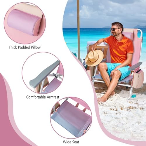 Goplus Beach Chair, Folding Backpack Beach Chairs for Adults with 5 Positions, Head Pillow, Cooler Bag, Towel Bar, Cup Holders, Sunbath Sling Tanning Lounge, Foldable Layout Camping Chairs