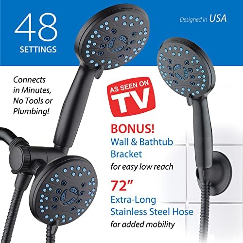 Hotel Spa AquaCare As-Seen-On-TV High Pressure 48-setting Rain & Handheld 3-way Shower Head Combo - Anti-clog Nozzles/Tub, Tile & Pet Power Wash/Extra Long 6 ft. Hose/Matte Black Finish