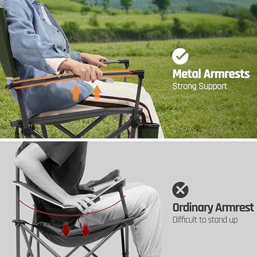 Heavy Duty Folding Camping Chair for Adults Oversized Camping Chairs Steel Frame Support 400 lbs, Metal Arm Lawn Chairs with Swivel Cup Holder, Hollow Backrest, Extra Large Outdoor Chairs, Green