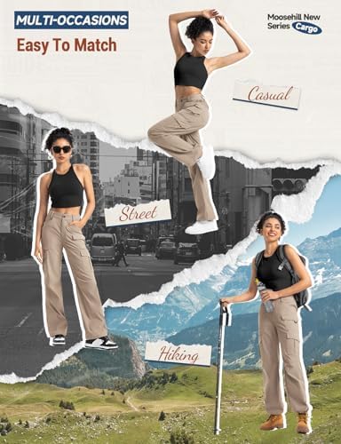 Moosehill Women's-Cargo-Hiking-Pants-High-Waisted Wide Leg Water Resistance Lightweight Stretch for Work Casual Outdoor