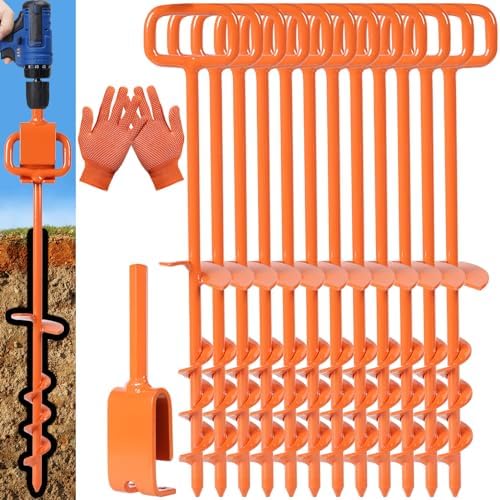16In Tent Stakes, Ground Anchors Screw in, with 1PCS Tent Stakes Heavy Duty Adapter, for Screw Ground Anchors, Tree Straightening Kit, Anchors Tent, Mobile Home Anchors (Color : Orange, Size : 12PCS