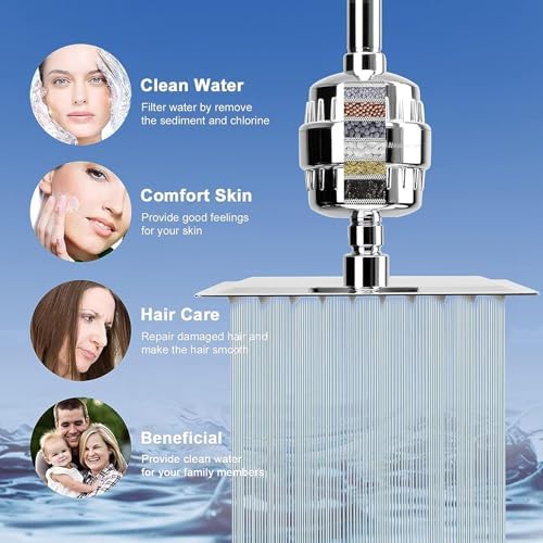 NearMoon Filtered Shower Head, High Pressure 8″Square, 5 settings Handheld Rain Shower Filter Combo with Self-adhesive Holder/1.5M Hose -1 Replaceable Filter Cartridge (Chrome Finish)