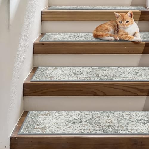 Carpet Stair Treads Non Slip 15PCS, 8" X 30" Edging Stair Runner for Wooden Steps Indoor, Resistant Stair Rugs with Reusable TPE Adhesive Backing, Residue Free Mat for Kids, Elders, Pets, Taupe