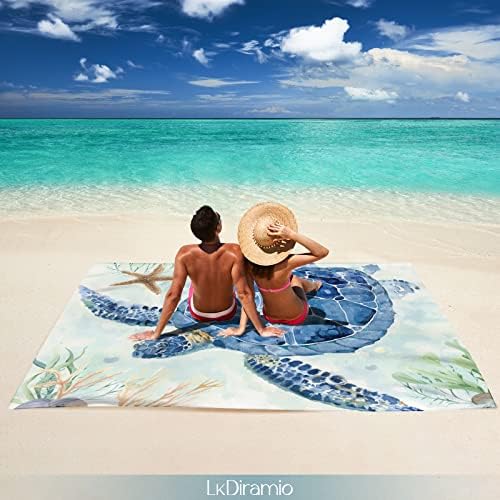 Beach Blanket Sand Proof Waterproof Oversized 100" x 80" Sand Free Mat with Corner Pockets and Mesh Bag for Outdoor, Picnic, Travel, Beach Accessories Portable, Watercolor Turtle