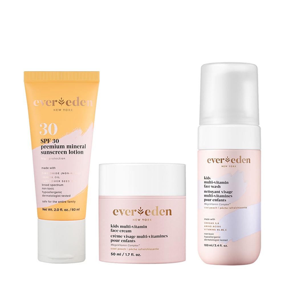 Evereden Daily 1-2-3 Routine Bundle: Clean & Vegan Skin Care Set for Kids - Hydrating & Nourishing Tween Skincare Set with Multi-Vitamin Face Wash, Face Cream, Lotion, & SPF 30 Mineral Sunscreen