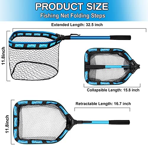 PLUSINNO Floating Fishing Net for Steelhead, Salmon, Fly, Kayak, Catfish, Bass, Trout Fishing, Rubber Coated Landing Net for Easy Catch & Release, Compact & Foldable for Easy Transportation & Storage