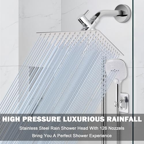 NearMoon Shower Head with Hose, High Pressure Stainless Steel Rain Shower and 3 Settings Handheld Spray Combo with Push Button Flow Control (12 Inch Showerhead Set, Chrome Finish)
