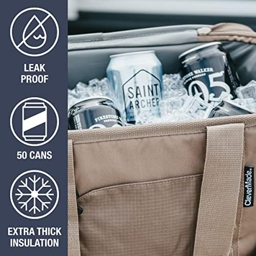 CleverMade Collapsible Insulated Cooler Bag – 50 Can Leakproof Soft Cooler for Beach, Travel, Car – Shoulder Strap, Bottle Opener – Ocean