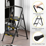 KINGRACK 3 Step Ladder, Sturdy Steel Step Stool with Safe-Lock Design, Handrail, Anti-Slip Wide Pedals, Pass 800lbs Load Testing, Folding Portable Ladder for Multi-Purpose, Home, Kitchen, Black