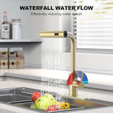 Brushed Gold Single Hole Kitchen Faucets with Pull Down Sprayer, Single Handle, High Flow Water, Pull Out Tap, Stainless Steel Sink Faucet, Suitable for Farmhouse Camper Laundry Rv Bar