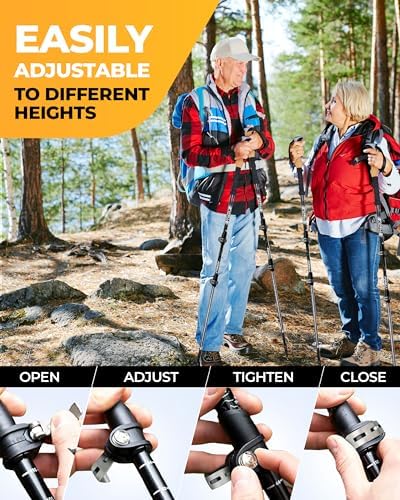 Foxelli Trekking Poles – Lightweight Collapsible Aircraft Grade Aluminum Hiking Poles with Cork Grips Quick Locks & All-Terrain Accessories – Pair of 2