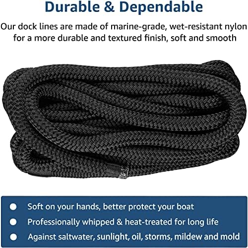 Dock Lines: 1/2" x 20' Double Braided Nylon Boat Dock Lines - Premium Boat Ropes for Secure Docking with 12" Loop - Marine Grade Boat Rope/Dock Line, Sturdy and Hi-Performance - 2 Pack