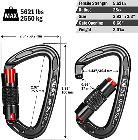 FresKaro UIAA Certified 25KN Auto Locking Climbing Carabiner Clips, Twist Lock, and Heavy Duty Carabiners for Rock Climbing, Rappelling, and Mountaineering, D Shaped 3.93 Inch, Large Size, Black