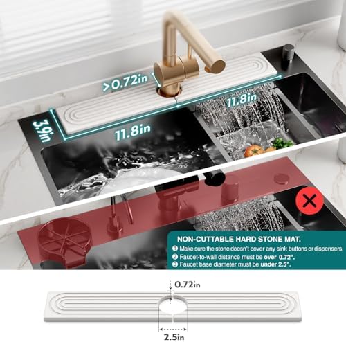 Faucet Mat for Kitchen Sink - 24'' Long Diatomite Fast Drying Stone Sink Tray, Super Absorbent, Prevents Moisture Buildup - Faucet Splash Guard for Bathroom Counter [Light Grey, Includes Sandpaper]1