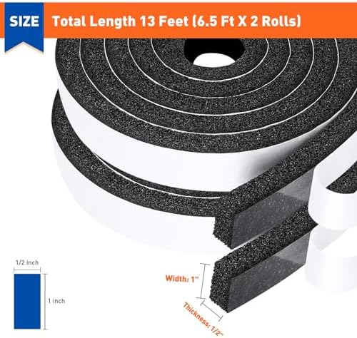 MAGZO Weather Stripping Door Seal 1 Inch W X 1/2 Inch T, Strong Adhesion and High Resilience Air Conditioner Foam Insulation for Cars, Total Length 13 Feet (6.5 ft x 2 Rolls)