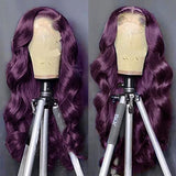 Colorful Bird Dark Purple Human Hair Wig Body Wave Deep Burgundy 13x4 Lace Front Wigs Grape Purple Glueless Wigs 180% Density for Women HD Transparent Lace Front Wigs 18 inch