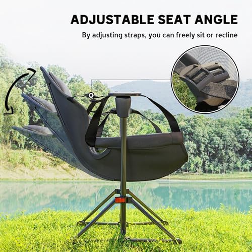 Outsunny Double Hammock Camping Chair, Adjustable Back Folding Rocking Chair Swinging Hammock Chair with Cup Holder, Headrest and Padded Seat for Travel Sports Concerts Lawn Backyard, Gray