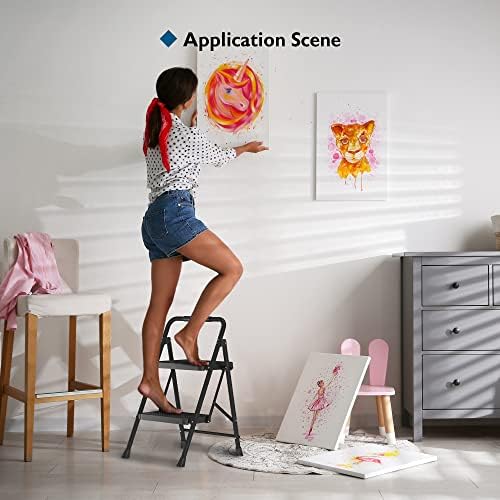 BONTEC 2-Step Ladder, Folding Step Stool, 600lbs Max Load Capacity, Sturdy Steel, Non-Slip Pedals, Lightweight, Portable Steel Ladder with Convenient Handrail, Safety Design for Home & Work, Black