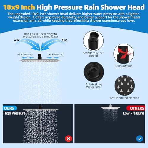 Hibbent All Metal Shower Head, 10'' High Pressure Rainfall Shower Head, Showerhead Combo, Handheld Shower Wand, 12'' Adjustable Curved Shower Extension Arm, 71'' Hose, Shower Head Holder, Matte Black