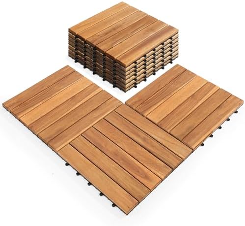 Pack of 10 Deck Tiles - 12"x12" Interlocking Natural Solid Acacia Wood for Outdoor & Indoor, Patio Garden, Balcony, Poolside - Teak Color