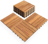 Pack of 10 Deck Tiles - 12"x12" Interlocking Natural Solid Acacia Wood for Outdoor & Indoor, Patio Garden, Balcony, Poolside - Teak Color