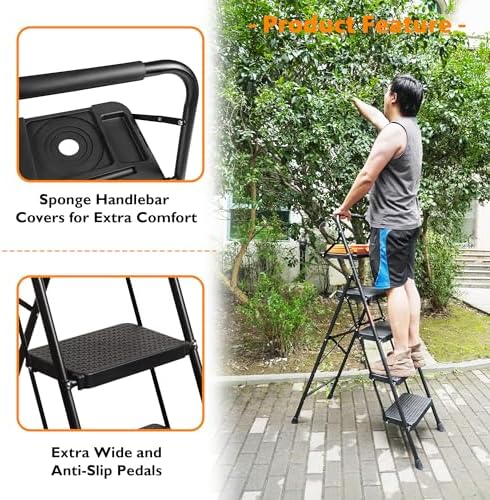 BONTEC 4-Step Ladder, 400lbs Max Load, Folding Step Stool with Tool Tray, Anti-Slip Pedals, Sturdy Steel, Lightweight Portable Ladder with Handrail for Home & Work Use, Black