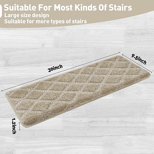 PURE ERA Bullnose Carpet Stair Treads Tape Free Non-Slip Indoor Stair Protectors Pet Friendly Stair Treads for Wooden Steps 9.5" x 30"(14 Pieces, Cream Gray Diamond Trellis)