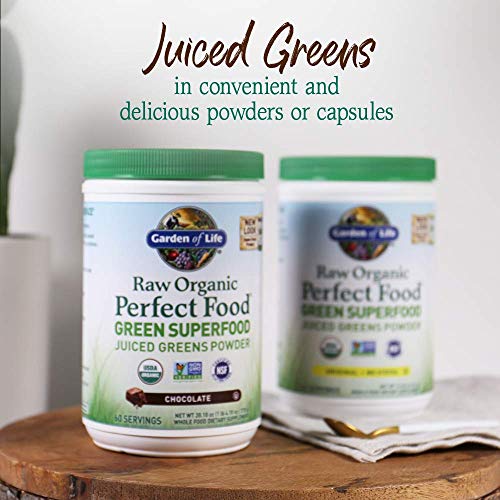 Garden of Life Raw Organic Perfect Food Green Superfood Juiced Greens Powder - Chocolate, 60 Servings, Non-GMO, Gluten Free, Vegan Whole Food Dietary Supplement, Plus Probiotics, Enzymes