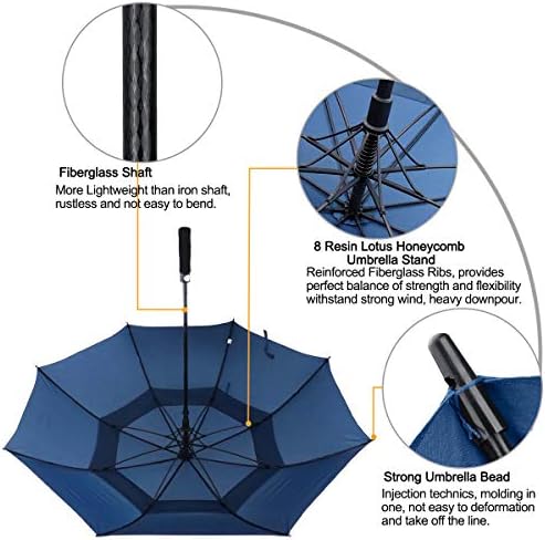Golf Umbrella Large 58/62/68 Inch Automatic Open Golf Umbrella Extra Large Oversize Double Canopy Vented Umbrella Windproof Waterproof for Men and Women