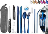 Portable Reusable Travel Utensils Silverware With Case, Camping Cutlery Set, Chopsticks and Straw, Flatware With Case, Stainless Steel Top (Blue)
