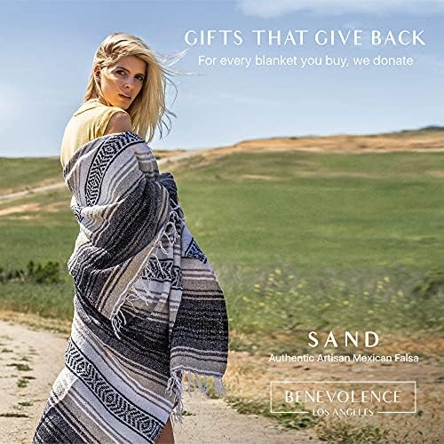 Benevolence LA Authentic Handwoven Mexican Blanket | Yoga Blankets, Outdoor, Picnic, Beach, Camping | Equestrian Saddle | Serape 50x70 inches - Sand, Pack of 1
