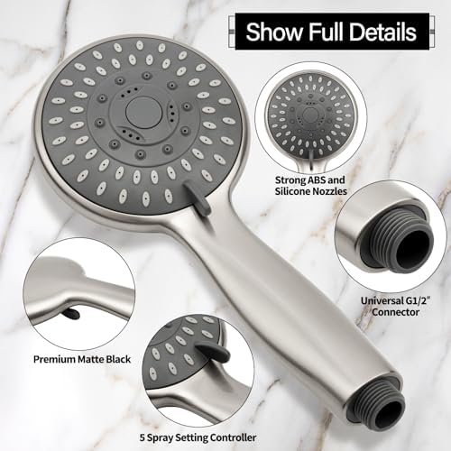 Briout Shower Head with Handheld, 5-Settings Showerhead High Pressure Powerful Water Spray Shower Head Set with 59 Inch Stainless Steel Hose and Bracket, Brushed Nickel