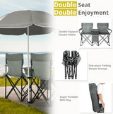 Outvita Folding Double Camping Chair w/Umbrella Beverage Holder Carrying Bag Cooler Fold Up Table, Large Bearing Capacity for Beach Patio Pool Park Outdoor Gray