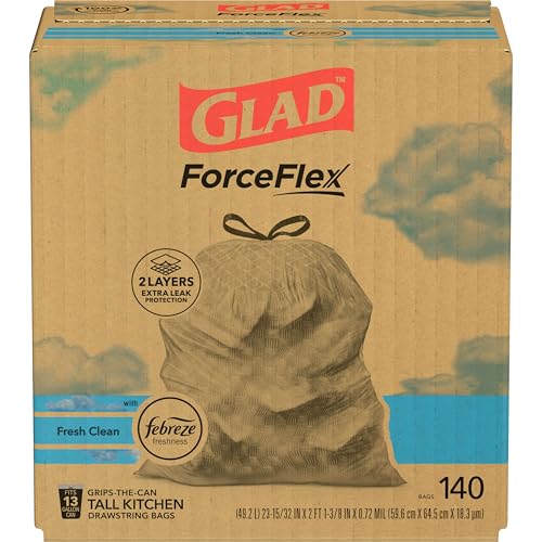 Glad Tall Kitchen Trash Bags 13 Gallon, Febreze Fresh Clean Garbage Bags, Odorshield with Drawstring, 140 Count