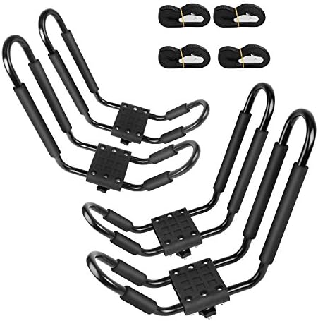 Leader Accessories Kayak Rack 2 Pair J Bar for Canoe Surf Board SUP On Roof Top Mount Crossbar with 4 pcs Tie Down Straps