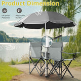 Outvita Folding Double Camping Chair w/Umbrella Beverage Holder Carrying Bag Cooler Fold Up Table, Large Bearing Capacity for Beach Patio Pool Park Outdoor Gray