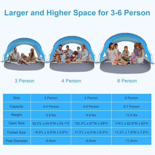 Gorich Beach Tent Sun Shelter with UPF50+ UV Protection for 3-6 Person, Lightweight & Portable Beach Shade Canopy with 2 Zippered Doors, Easy Setup Family Beach Umbrella