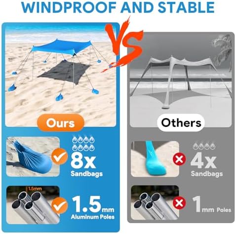 Beach Tent Sun Shelter, 10 x 10 FT Beach Canopy Tent Sun Shade Heavy Duty, UPF50+ Beach Tent Canopy with 8 Sandbags & 4 Stability Poles, Outdoor Beach Tent for Beach Camping Fishing, Sky Blue