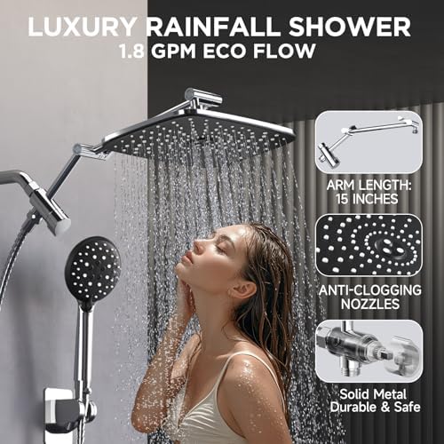 Veken [1.8gpm Eco-Flow] 11.8 Inch Rain Shower Head with 6 Modes Handheld Water Spray,Wide Showerhead Combo with Extension Arm-housewarming gifts, Dual Shower with Anti-Clog Nozzles,Silver Chrome